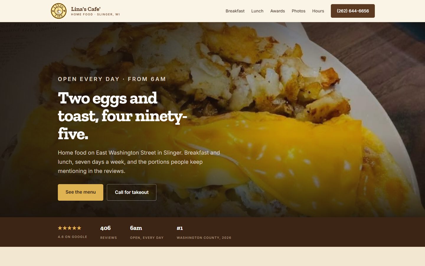 The Lina's Cafe website, live at linascafeslinger.com